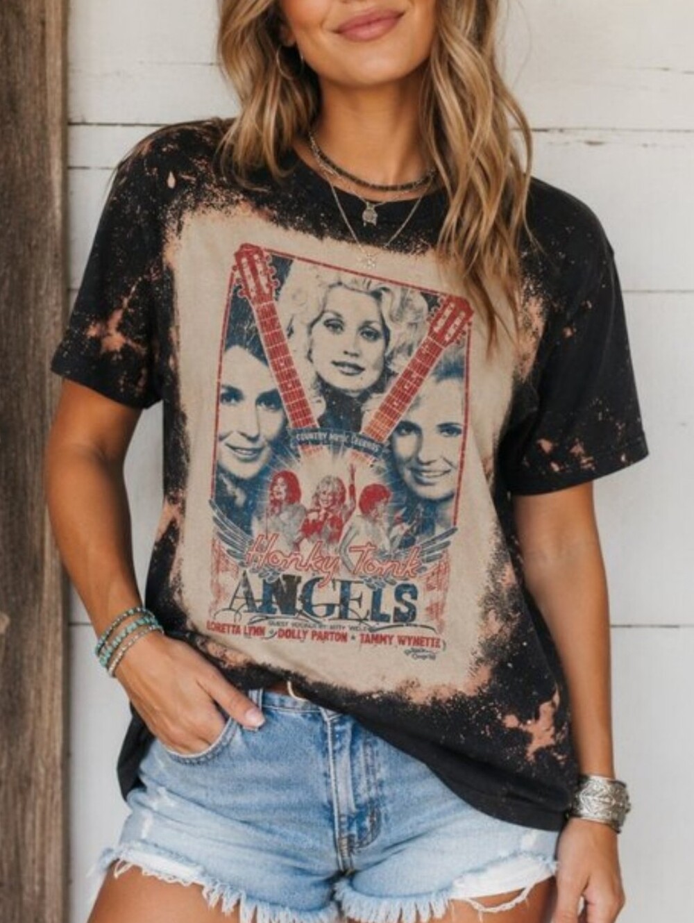 Bohemian Cowgirl Honky Tonk Angels Graphic Tee Medium Bleached Dolly Loretta S